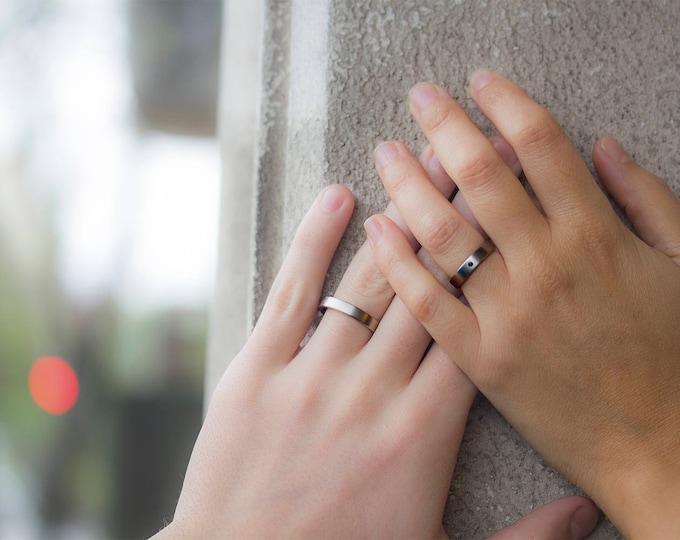 Matte Titanium Wedding Band Set, Flat Diamond Rings, Hypoallergenic. (00002_4D_4N)