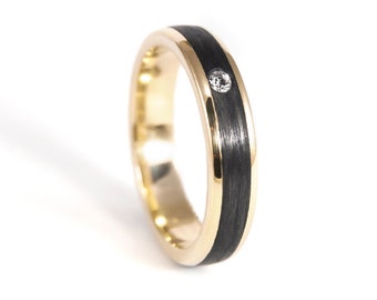 Yellow 18K gold ring with matte carbon fiber band. Black rounded wedding ring with Swarovski crystal. Golden engagement ring (04710_4S1)
