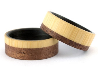 Carbon fiber and bentwood wedding ring set with bamboo. Black flat mahogany wood and bamboo matching bands. (00418_7N_00421_7N)