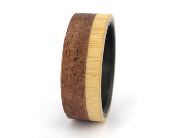 Matte carbon fiber and bentwood ring for him with bamboo. Mahogany wood and bamboo mens wedding band. Wooden engagement ring (00421_7N)