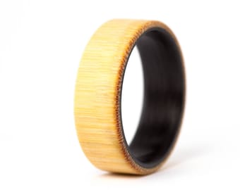 Carbon fiber and bamboo ring for him. Wooden and carbon fiber mens wedding band. Bamboo wood and carbon fiber engagement ring (03002_7N)