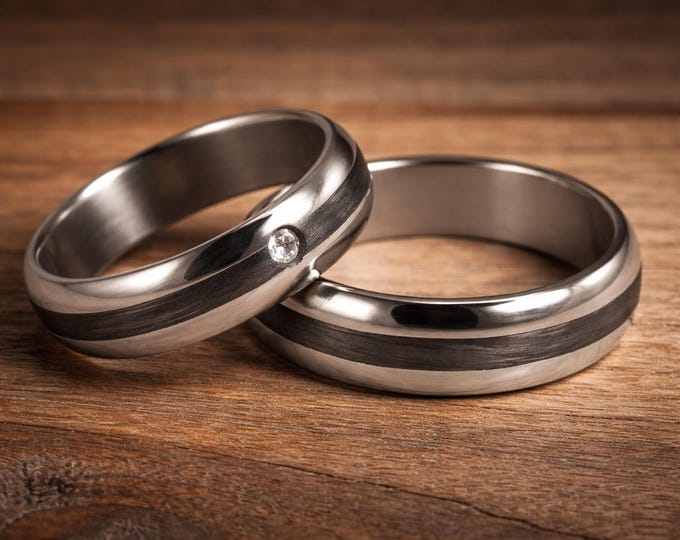Handmade Titanium Carbon Fiber Wedding Rings with Swarovski Crystal. (00345_4S4N)