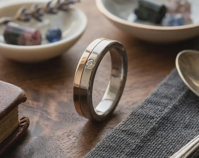Rose Gold Titanium Wedding Band, Swarovski Crystal Engagement Ring. (00555_6S) FREE TAXES