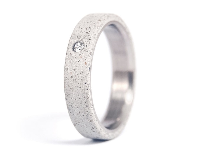 Titanium Concrete Ring with Swarovski Crystal, Matte Wedding Band. (00705_4S)
