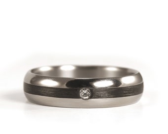 Polished titanium and carbon fiber ring for her. Black rounded womens wedding band with Swarovski crystal.  (00345_4S1)