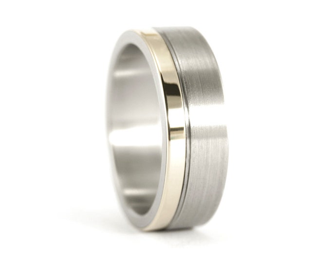 Titanium Ring with 18K White Gold Band, Flat Wedding Band. (00557_7N)