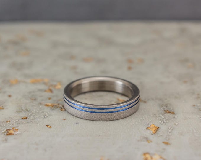 Sandblasted Titanium Wedding Ring with Blue Anodized Inlays. (00010_4N)