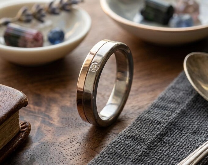 Rose Gold Titanium Wedding Band, Swarovski Crystal Engagement Ring. (00555_6S)