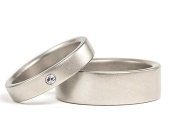 Matte titanium wedding band set. Flat wedding bands with Swarovski crystal. Hypoallergenic matching bands. His and hers  (00002_4S1_7N)