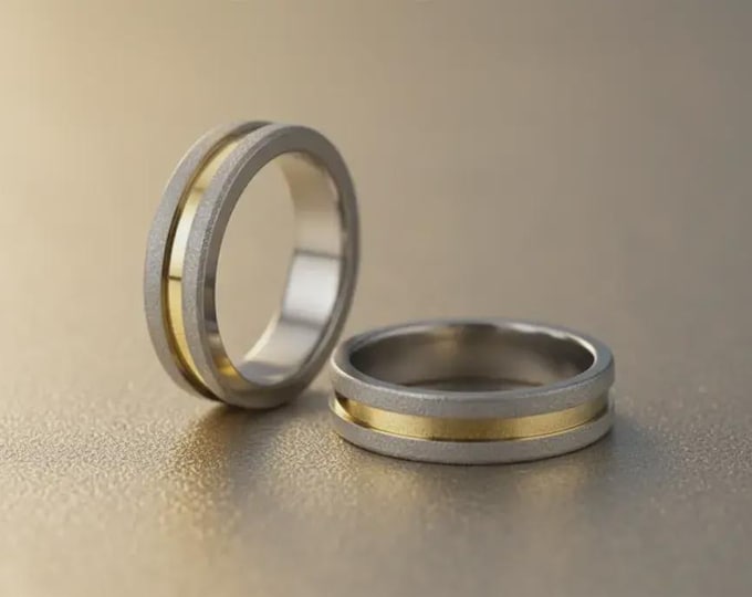 Sandblasted Titanium Wedding Ring Set with 18K Yellow Gold Inlay. (00558_4N7N) FREE TAXES