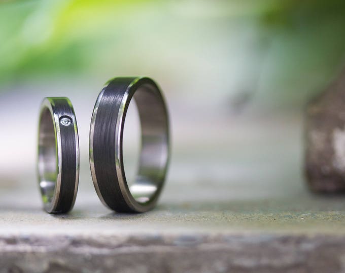 Titanium Carbon Fiber Wedding Band Set, Swarovski Crystal Ring. (00333_4S7N)