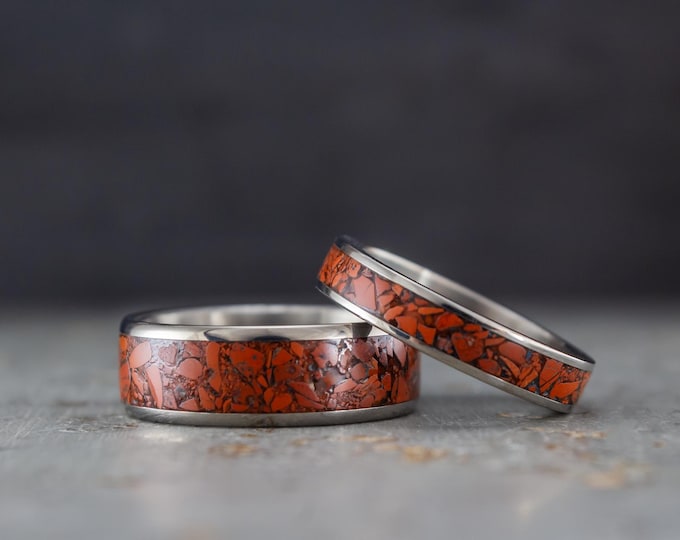 Titanium Wedding Band Set with Red Jasper Stone Inlay. (03231_4N7N)