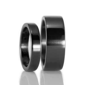 Black zirconium wedding ring set. Zirconium matching flat wedding bands. 01111_4N7N image 5