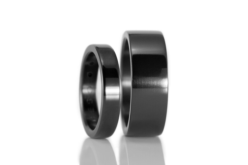 Black zirconium wedding ring set. Zirconium matching flat wedding bands. 01111_4N7N image 5