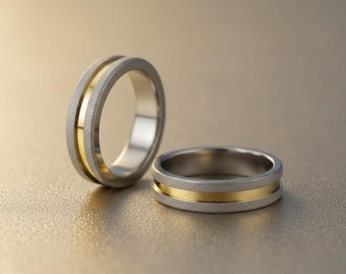 Sandblasted Titanium Wedding Ring Set with 18K Yellow Gold Inlay. (00558_4N7N)
