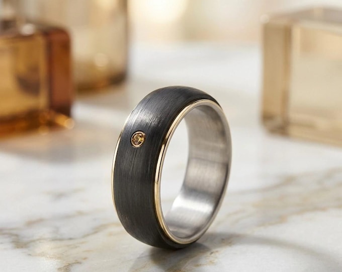 Titanium Wedding Ring: 18K Gold & Carbon Fiber Band, Swarovski Crystal. (00422-7S) FREE TAXES