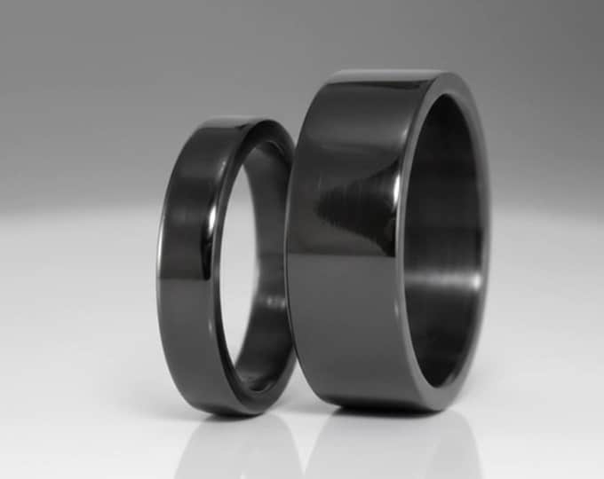 Black Zirconium Wedding Ring Set, Matching Flat Bands. (01111_4N7N) FREE TAXES