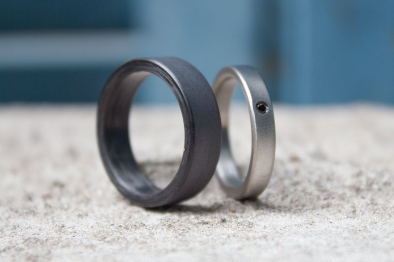 Set of two graphite and titanium wedding bands. Modern and Etsy