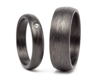 Matte carbon fiber wedding bands. Black wedding ring set with Swarovski crystal. Pure carbon fiber round matching bands. (00100_4S1_7N)