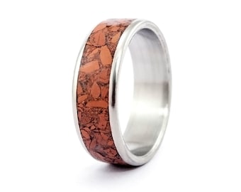 Titanium ring with red jasper semi precious stone. Flat red titanium mens wedding band. Polished titanium ring for him (03231_7N)