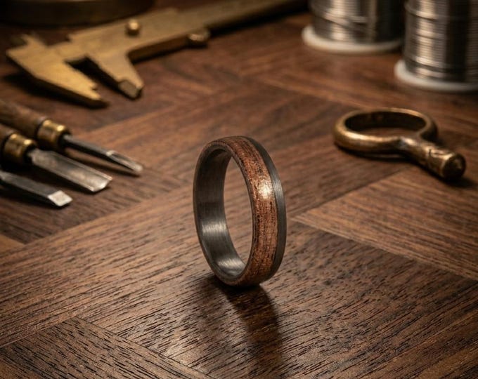 Matte Carbon Fiber Mahogany Bentwood Ring - Handmade Mens Wedding Band. (00420_6N)