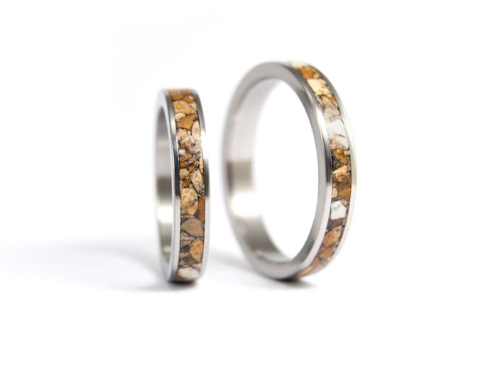 Titanium Wedding Bands with Brown Jasper Stone Inlay, Polished Rings. (03223_3N4N)