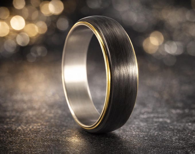 Handmade Titanium Ring with 18K Gold & Carbon Fiber Band. (00422_8N)