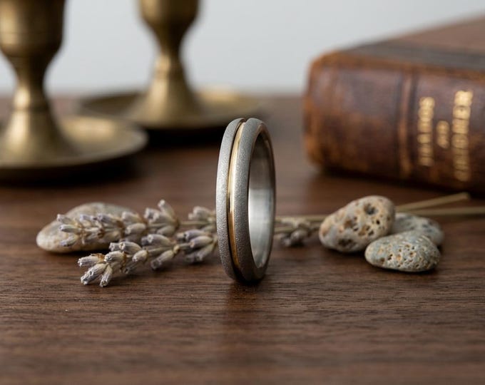 Sandblasted Titanium Ring, 18K Yellow Gold Inlay, Handmade. (01558_4N)