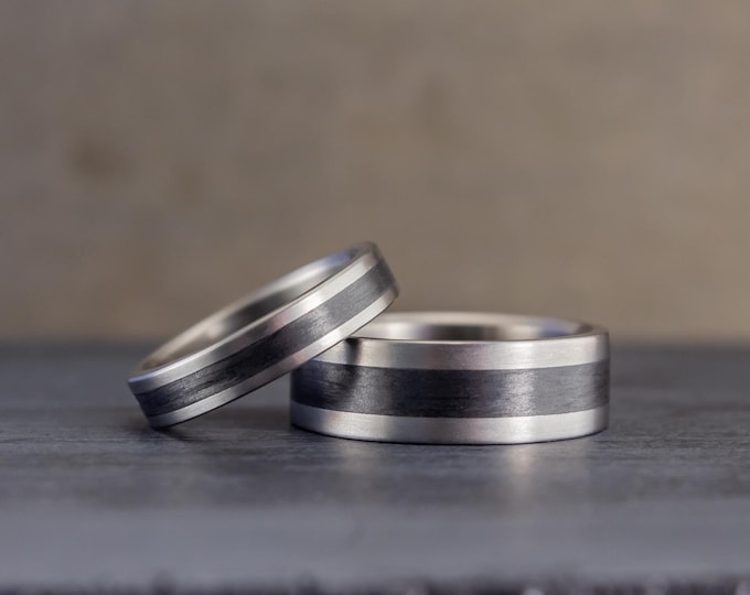 Matte Titanium Wedding Ring Set, Black Carbon Fiber Bands. (00317_4N7N)