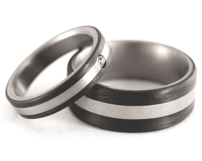 Titanium Carbon Fiber Wedding Bands, Matte Black Rings with Swarovski Crystal. (00307_4S7N)