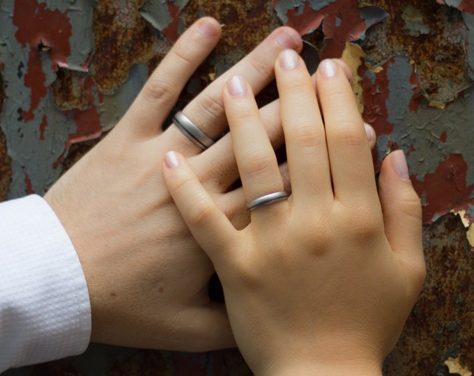 Titanium Carbon Fiber Wedding Band Set - Matte Rounded Rings. (00301_4N7N)