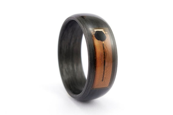 NFC Smart Ring Rounded Carbon Fiber. Black Matte Wedding Band