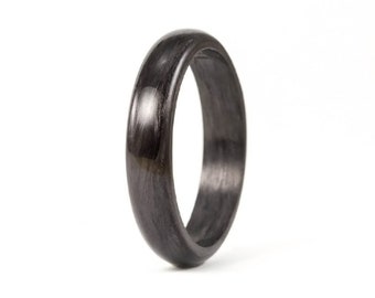 Polished carbon fiber ring for her. Black round womens wedding band. Carbon fiber girlfriend gift. Black glossy engagement band. (00122_4N)