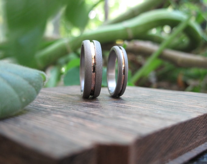 Sandblasted Titanium Wedding Ring Set, 18K Yellow Gold Inlay. (01558_4N7N)