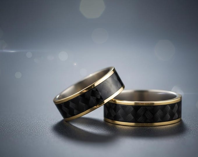 Titanium 18K Gold Wedding Ring Set, Polished Carbon Fiber Bands. (04708_6N6N)