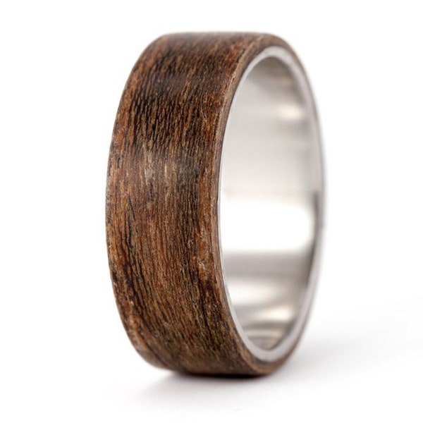 Titanium and bentwood ring for him. Wooden matte finishing mens wedding band. Titanium and cocobolo wood flat engagement ring (00515_7N)