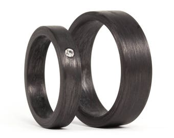 Matte carbon fiber  wedding ring set. Black matching wedding bands with Swarovski crystal. PURE FIBER ( 0101_4S1_7N)