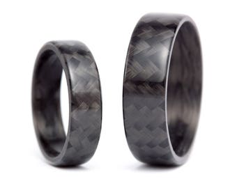 Glossy carbon fiber wedding bands. Black flat wedding ring set. Carbon fiber matching bands. Engagement rings (00105_5N7N)