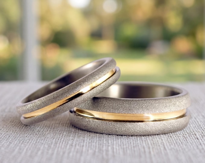 Sandblasted Titanium Wedding Ring Set, 18K Yellow Gold Inlay. (01558_4N7N)