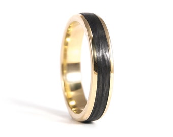 Yellow 18K gold ring with matte carbon fiber band. Black rounded wedding ring. Golden engagement ring (04710_4N)