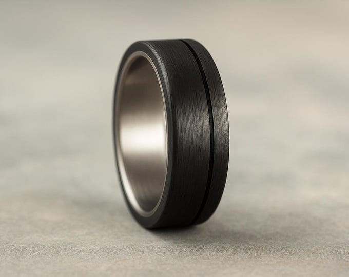 Handmade Matte Titanium Ring, Carbon Fiber Inlay, Mens Wedding Band. (00346_7N)