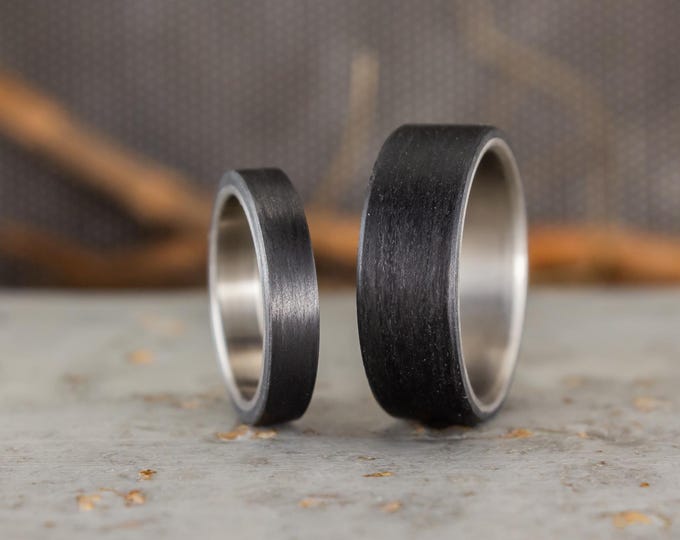 Handmade Titanium & Carbon Fiber Wedding Band Set, Matte Finish. (00310_4N8N)