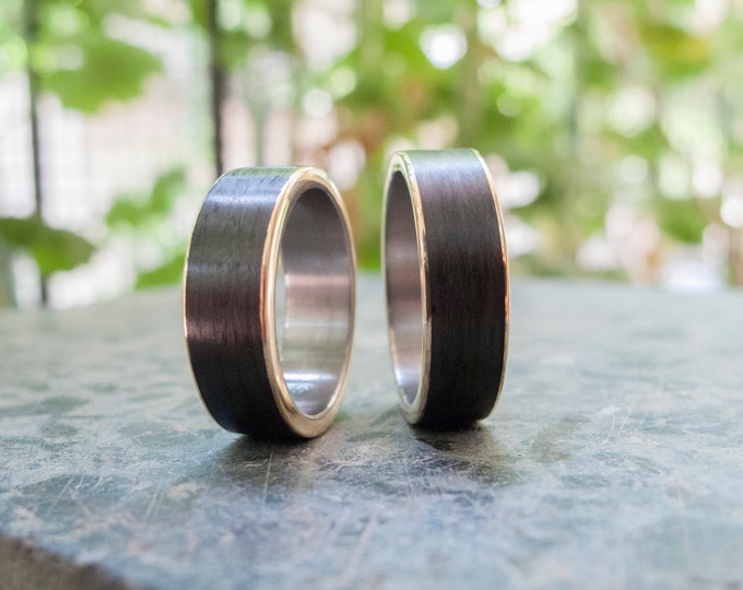 Titanium Carbon Fiber Ring, 18K Yellow Gold Inlay Wedding Band.