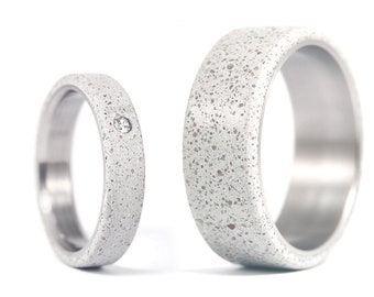 Titanium and gray concrete wedding ring set. Flat matching wedding bands. Matte engagement rings with Swarovski crystal. (00705_4S1_7N)