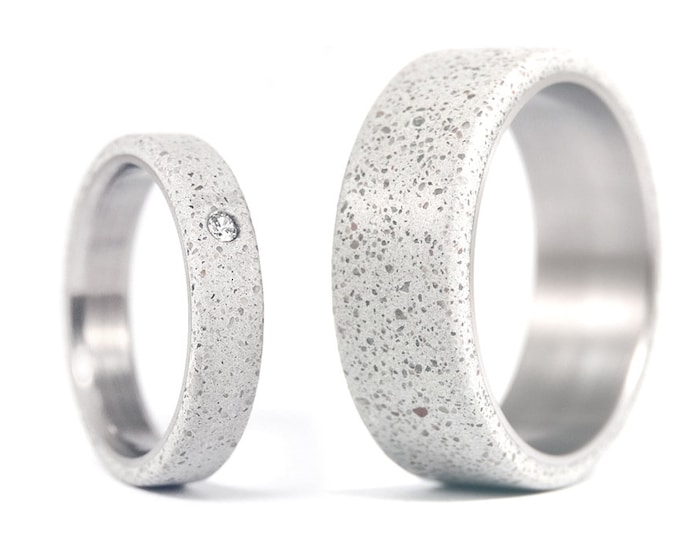 Titanium Concrete Wedding Ring Set, Matte Finish, Swarovski Crystal Accent. (00705_4S7N)
