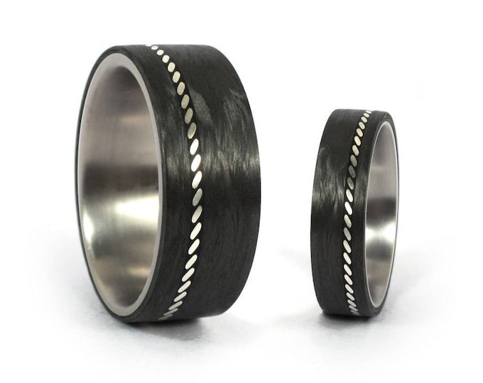 Titanium Carbon Fiber Wedding Ring Set with Silver Inlay.
