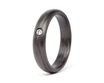 Matte carbon fiber ring for her. Black round womens wedding band with Swarovski crystal. Engagement ring with gem (00100_4S1)