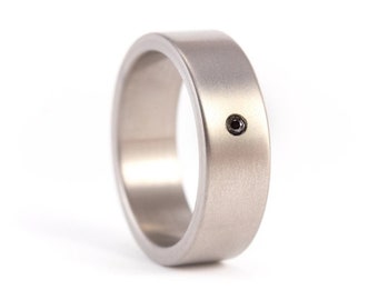 Matte titanium ring for him. Flat men wedding ring with black diamond. Hypoallergenic engagement ring. Titanium ring gift (00002_7Dn)