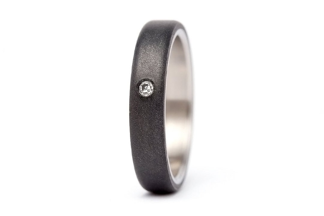 Titanium Graphite Ring Titanium and Graphite Ring for Her With Swarovski Crystal. Flat Dark ...