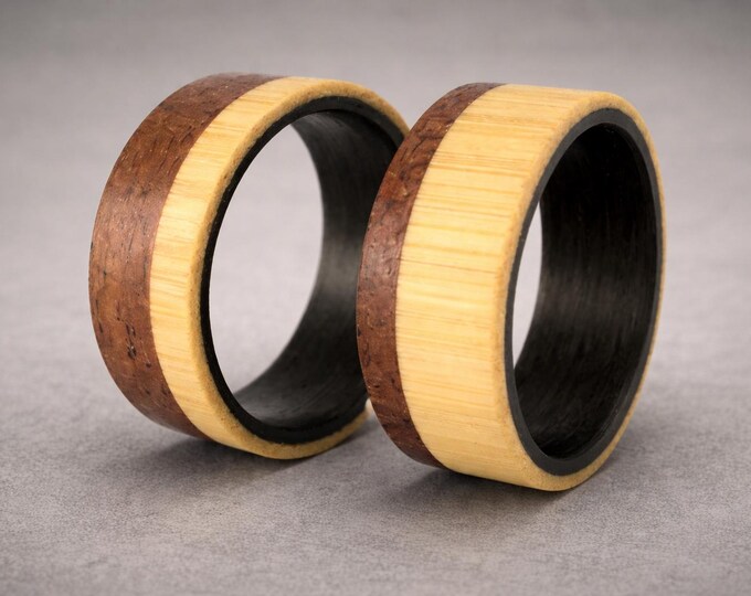 Carbon Fiber Wedding Ring Set, Mahogany Bentwood & Bamboo Bands. (00418_7N_00421_7)